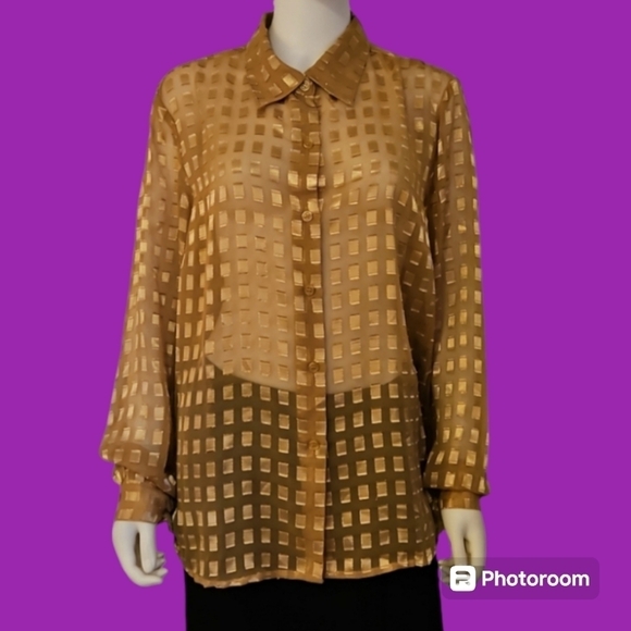 VTG Joanna Gold Geometric Sheer Button Down Long Sleeve Holiday Shirt - Picture 1 of 7